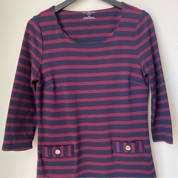 Talbots 100% Cotton 3/4 Sleeve Stripped Dress Featuring Gold Button - Picture 3 of 9